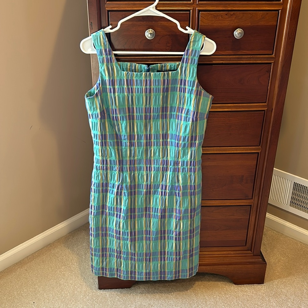 Karen Martini sleeveless dress, size 8, green, purple, gold, greattowear 4Easter